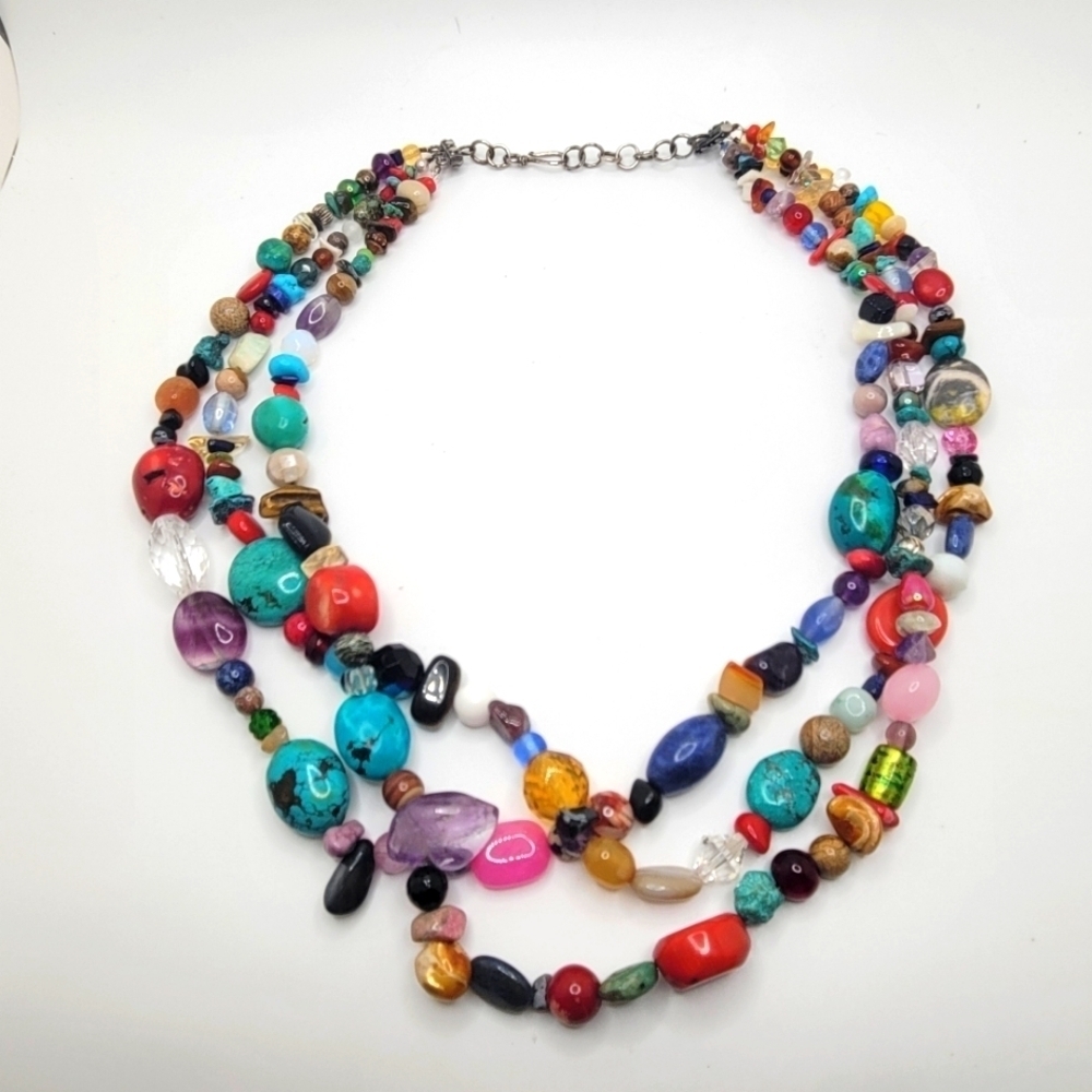 Vintage Southwestern Colorful Multi Gemstone Double or Triple Wear Necklace